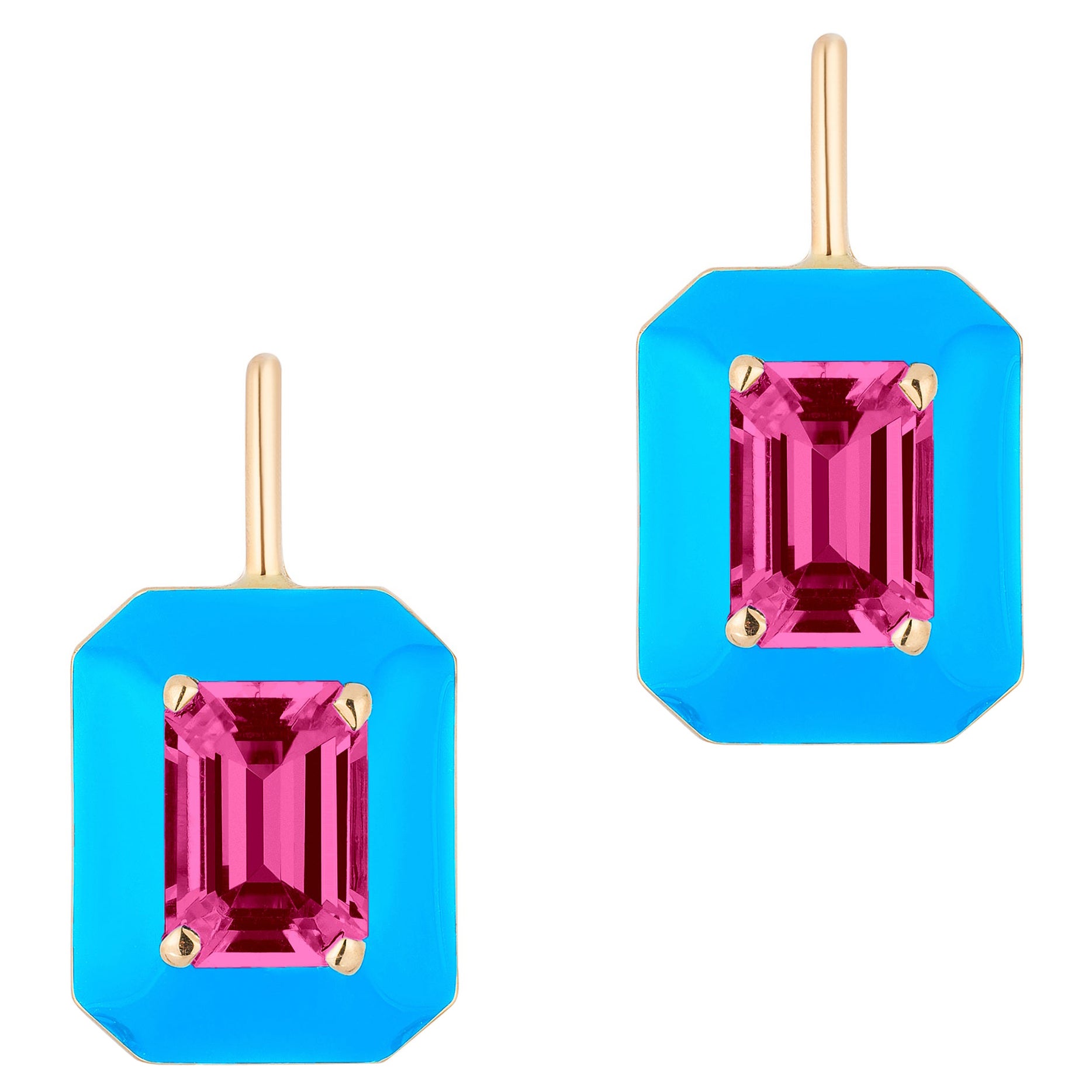 Goshwara Rubelite Emerald Cut with Turquoise Enamel and Lever Back Earrings For Sale