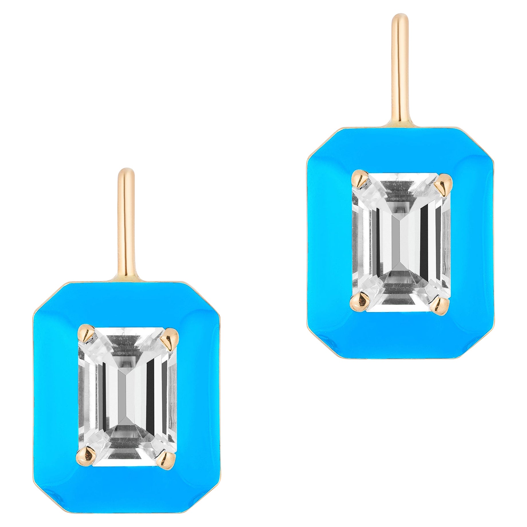 Goshwara Rock Crystal Emerald Cut with Turquoise Enamel and Lever Back Earrings For Sale