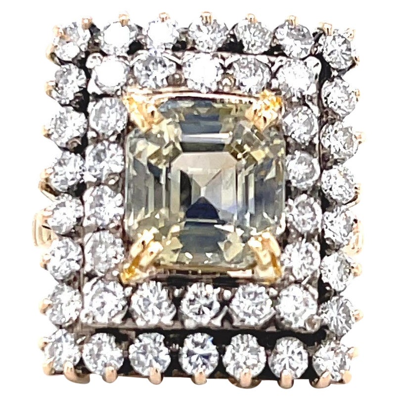 Retro Victorian Revival 6.64 Carat Emerald Cut Yellow Sapphire Diamond Gold Ring