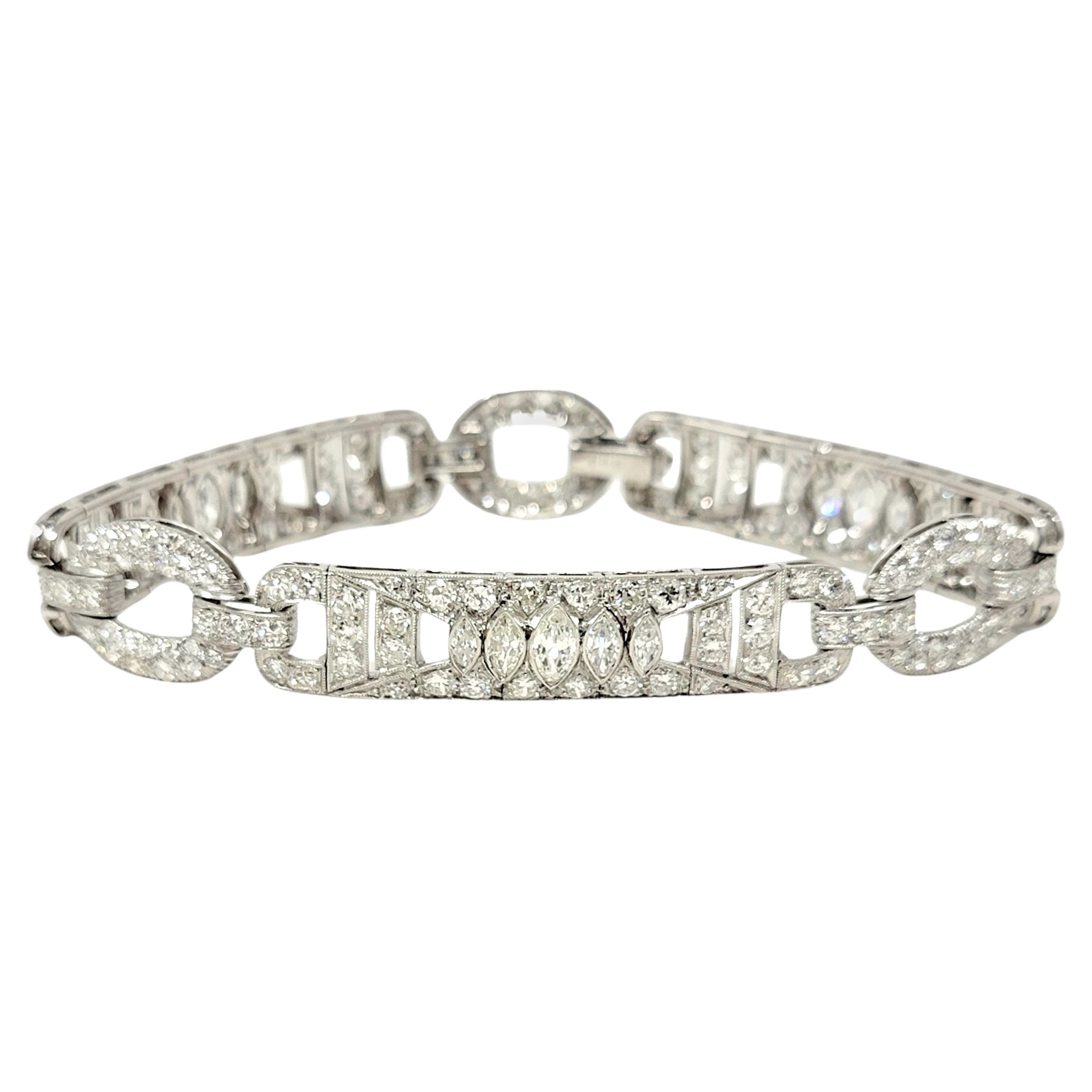 7.43 Carat Round and Marquis Natural Diamond Ornate Link Bracelet in Platinum For Sale