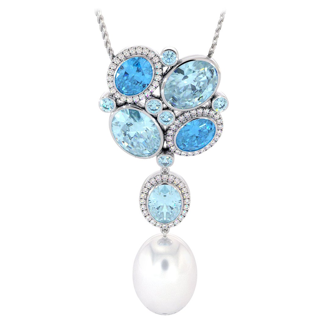 Diamonds Blue Topaz Aquamarine South Sea Pearl 14K Pendant For Sale