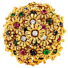 1980s Diamond Ruby Sapphire Emerald 18K Gold Floral Pin Brooch