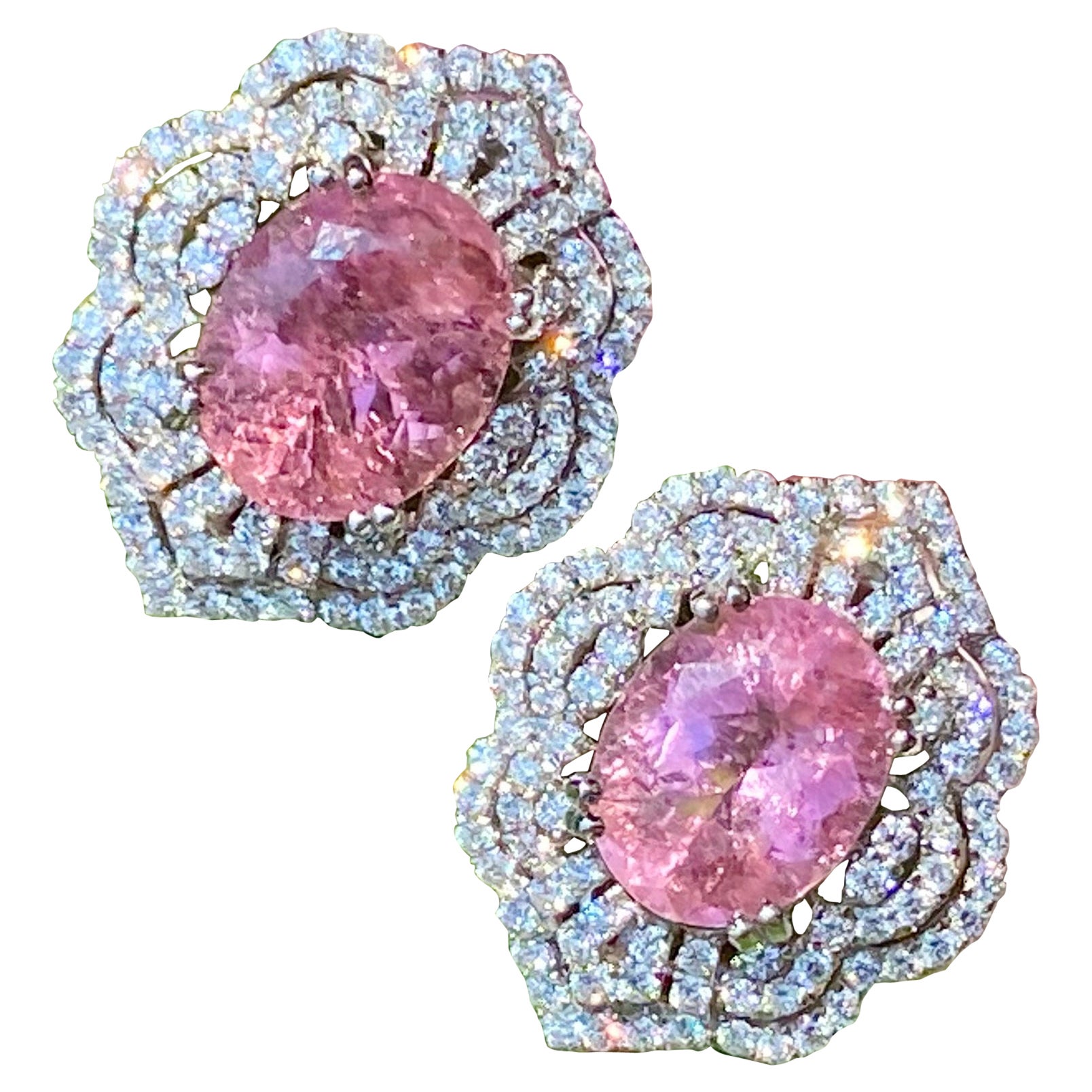 Exquisite Pair of 13 Carat Pink Tourmaline and Diamond 18K White Gold Earrings