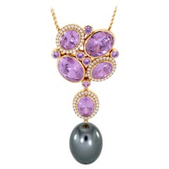 Diamonds Amethyst & Pink Sapphires Black Tahitian Pearl 14K Rose Gold Pendant