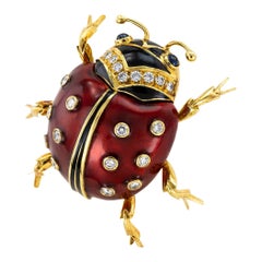 Enamel Diamond Sapphire Yellow Gold Ladybug Brooch