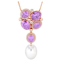 Diamonds Amethyst & Pink Sapphires South Sea White Pearl 14K Rose Gold Pendant
