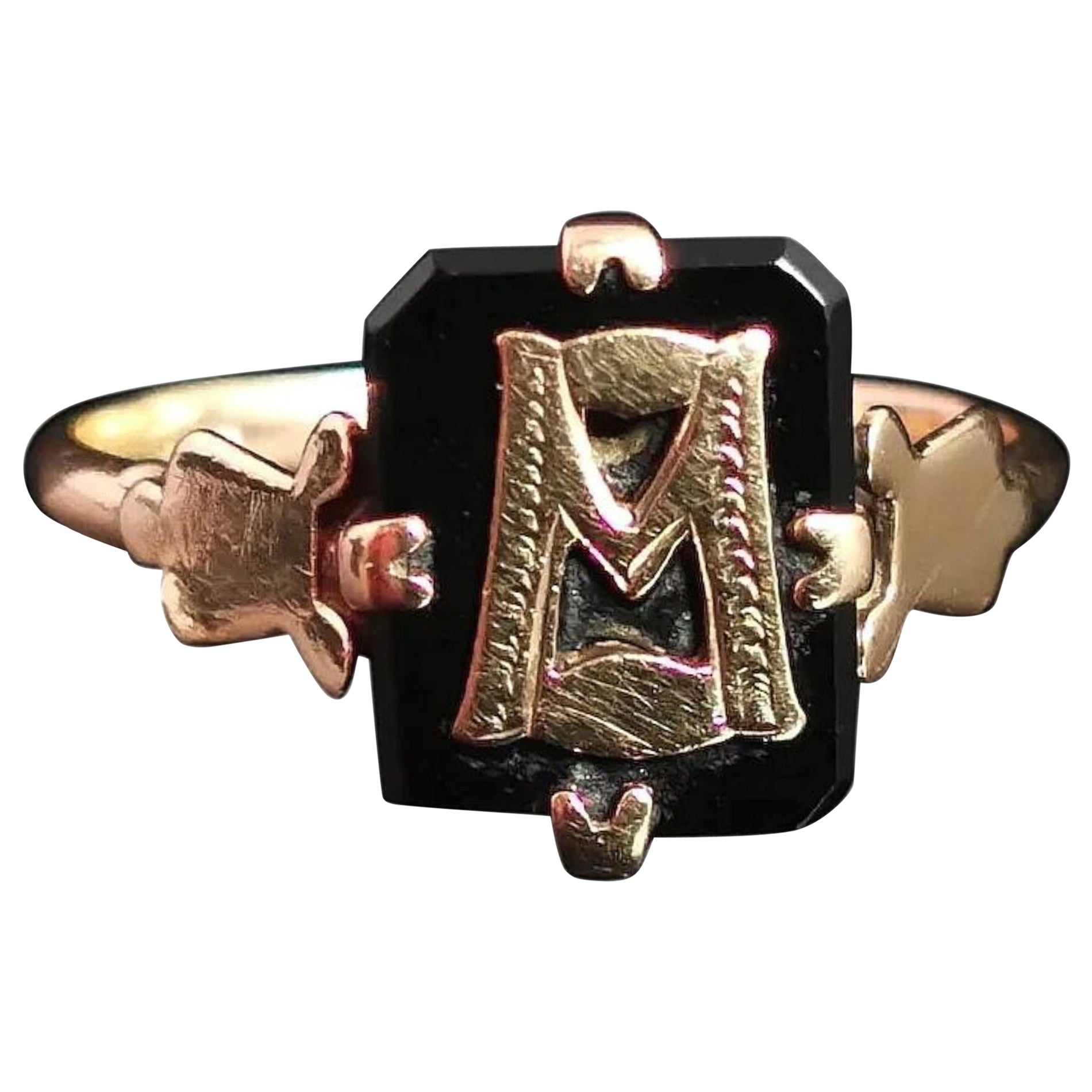 Antique Victorian Mourning Ring, Initial M, Onyx and 9 Karat Yellow Gold