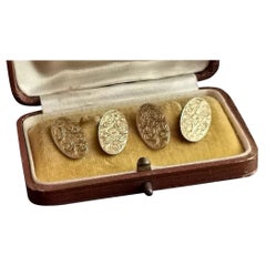 Antique 9 Karat Yellow Gold Cufflinks, Floral Engraved, Boxed