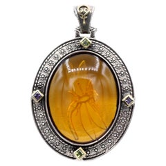 Yellow Italian Murano Glass Pendant Glass Cameo of Greek Dragonfly