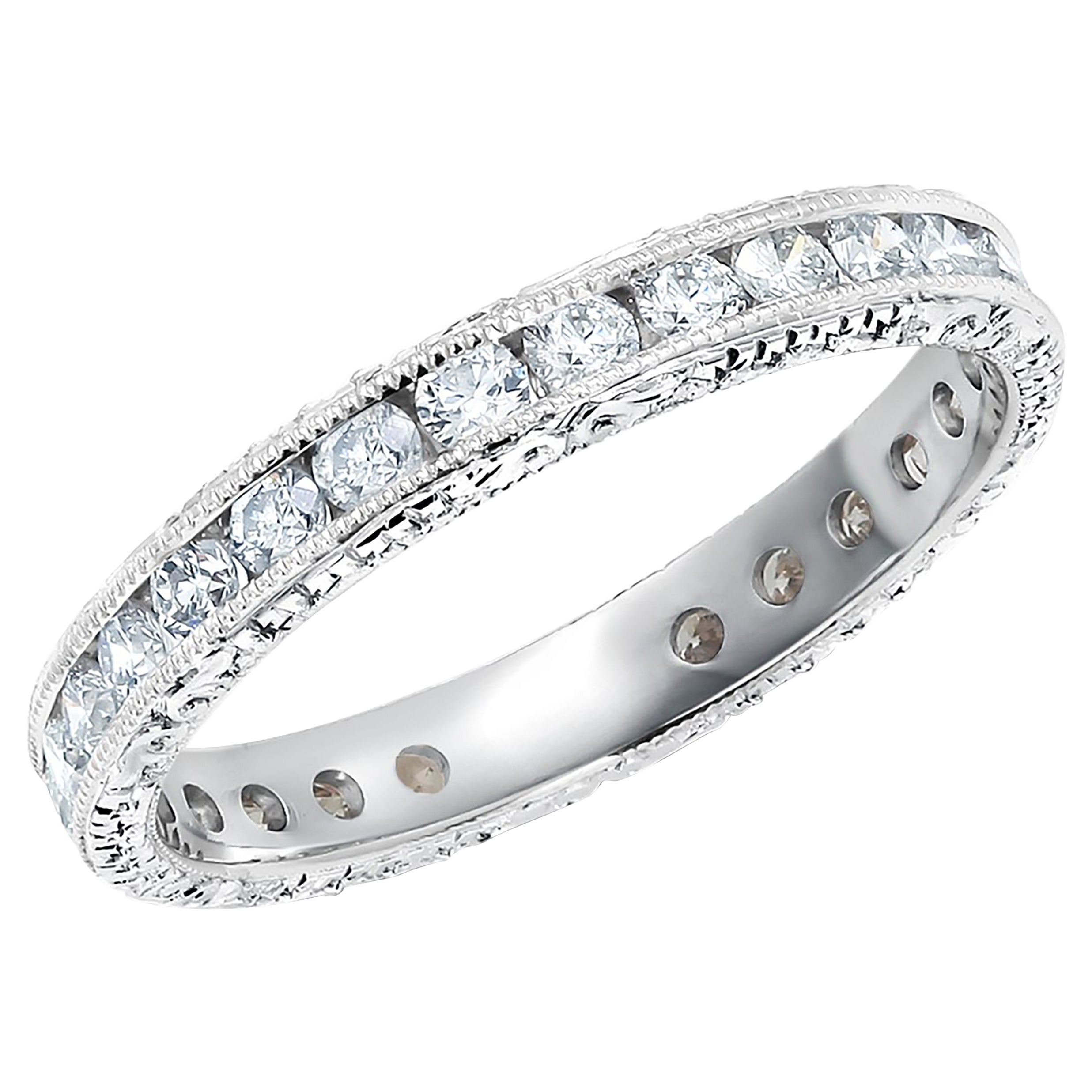 Platinum Channel Set Diamond Eternity Band with Old Master Hand Engraving