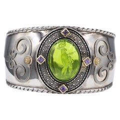 Green Italian Murano Glass Cuff Bracelet Glass Cameo of Venus and Cupid Goddess