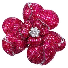 18K White Gold Invisible Ruby Flower Brooch