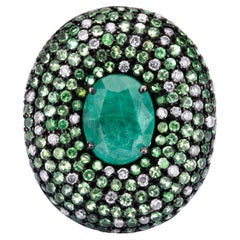 Victorian 5.7 Cttw. Emerald, Tsavorite and Diamond Cluster Ring in 18K Gold