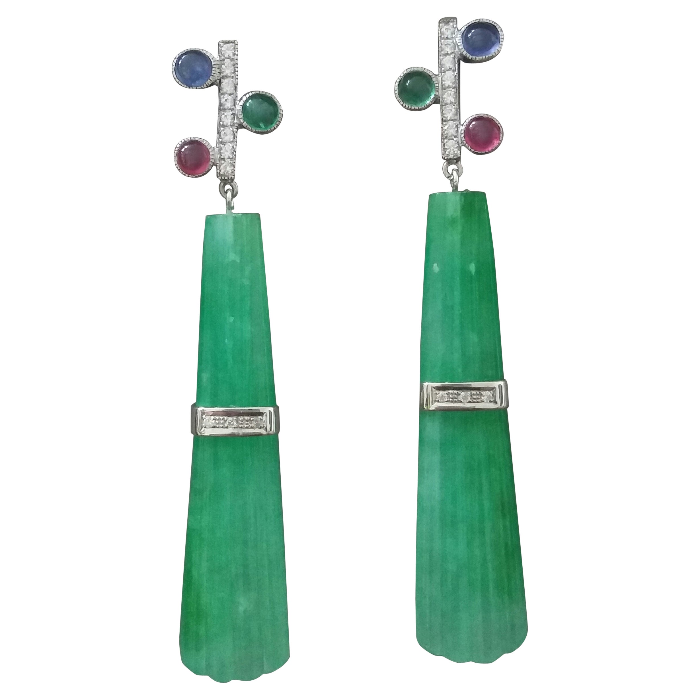 Tutti Frutti Style Ruby Sapphire Emerald Gold Diamonds Jade Dangle Earrings