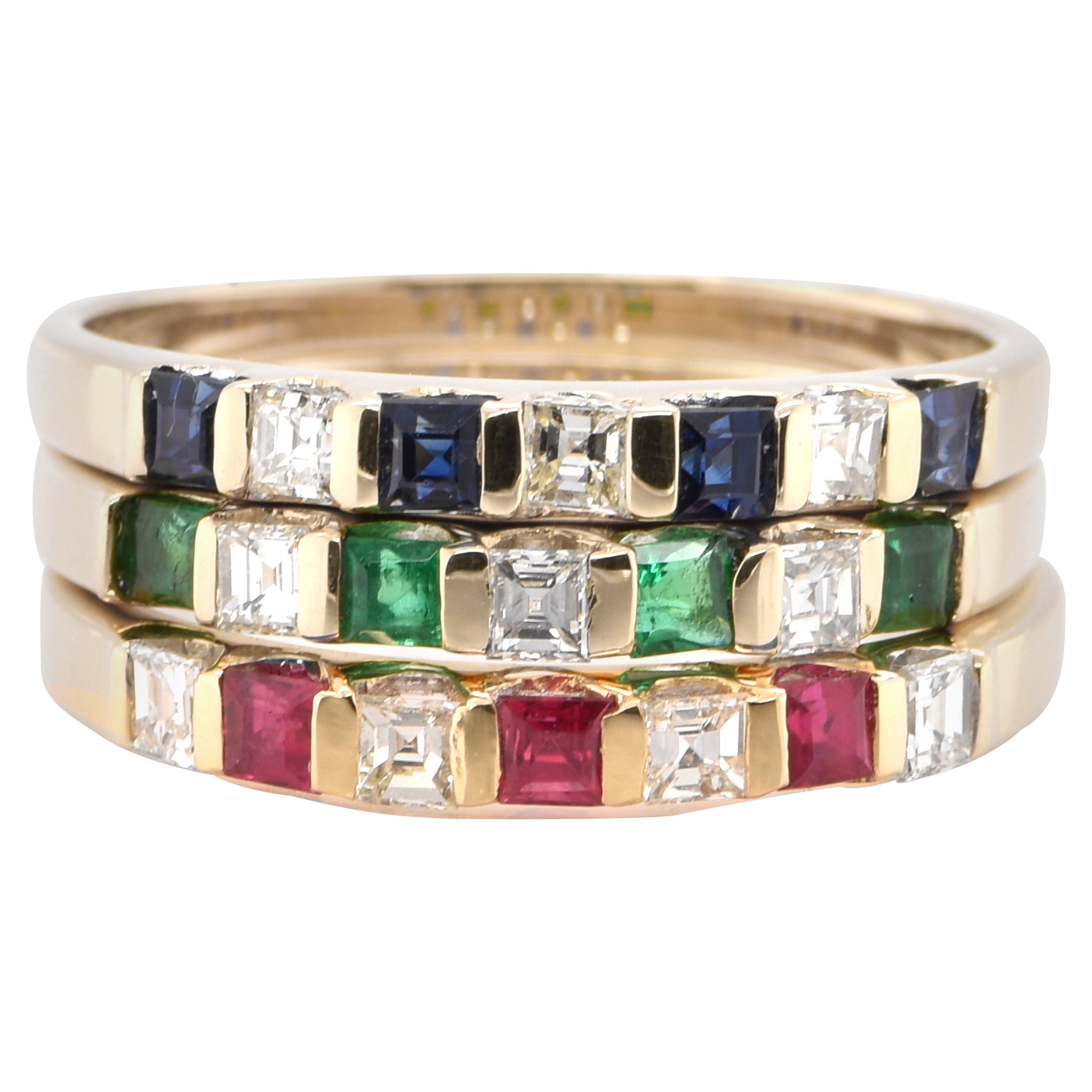 Natural Ruby, Sapphire and Emerald Stackable Rings Set in 18 Karat Yellow  Gold at 1stDibs | ruby emerald sapphire ring, ruby sapphire and emerald ring,  emerald and diamond stackable ring