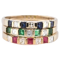 Natural Ruby, Sapphire and Emerald Stackable Rings Set in 18 Karat Yellow Gold