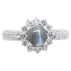 1.56 Carat Natural Alexandrite Cat's Eye and Diamond Halo Ring Set in Platinum