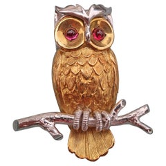 18 Karat Gold Owl Brooch with Ruby Eyes