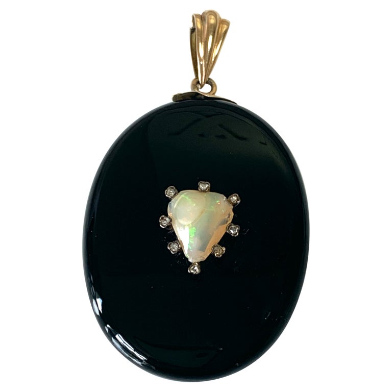 Antique Onyx, Diamond & Opal Mourning Locket For Sale