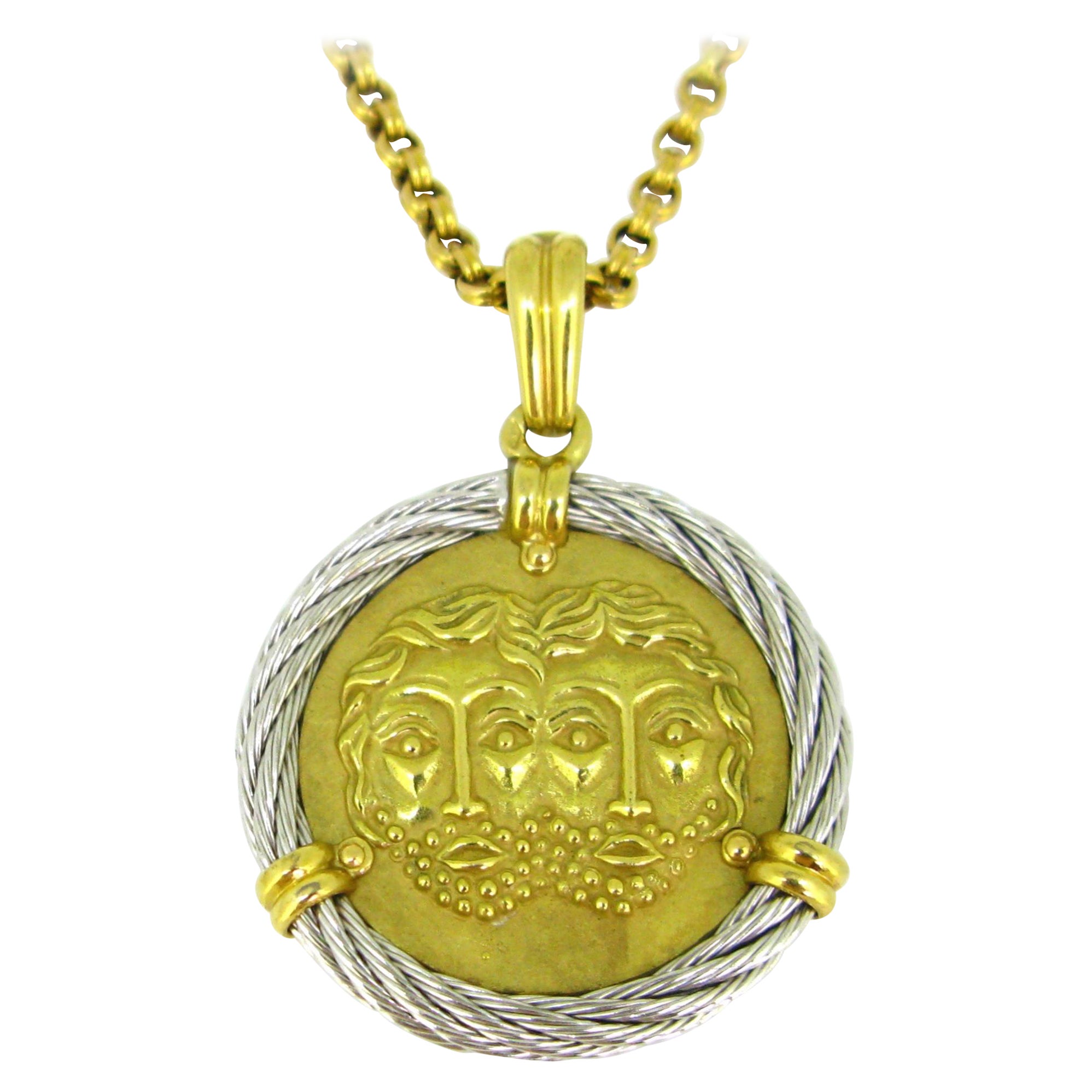 Fred Paris Force 10 Gemini Zodiac Pendant, 18kt Yellow Gold and Steel