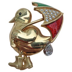 Vintage 18 Karat Gold Duck Brooch with Diamond and Enamel Umbrella