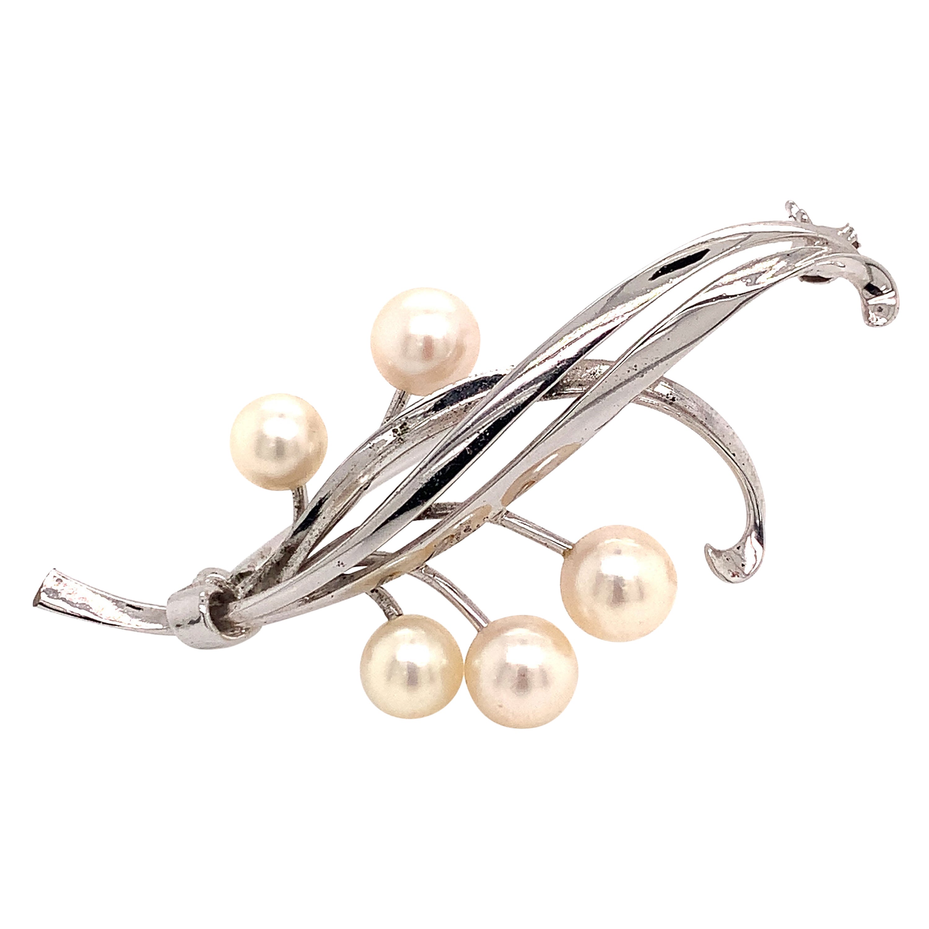 Mikimoto Estate Akoya Pearl Brooch Pin Sterling Silver 5.43 Gr For Sale