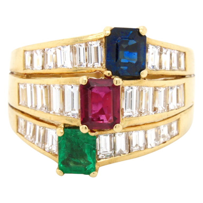 Ruby Sapphire Emerald and Diamond Band Ring by Kern For Sale