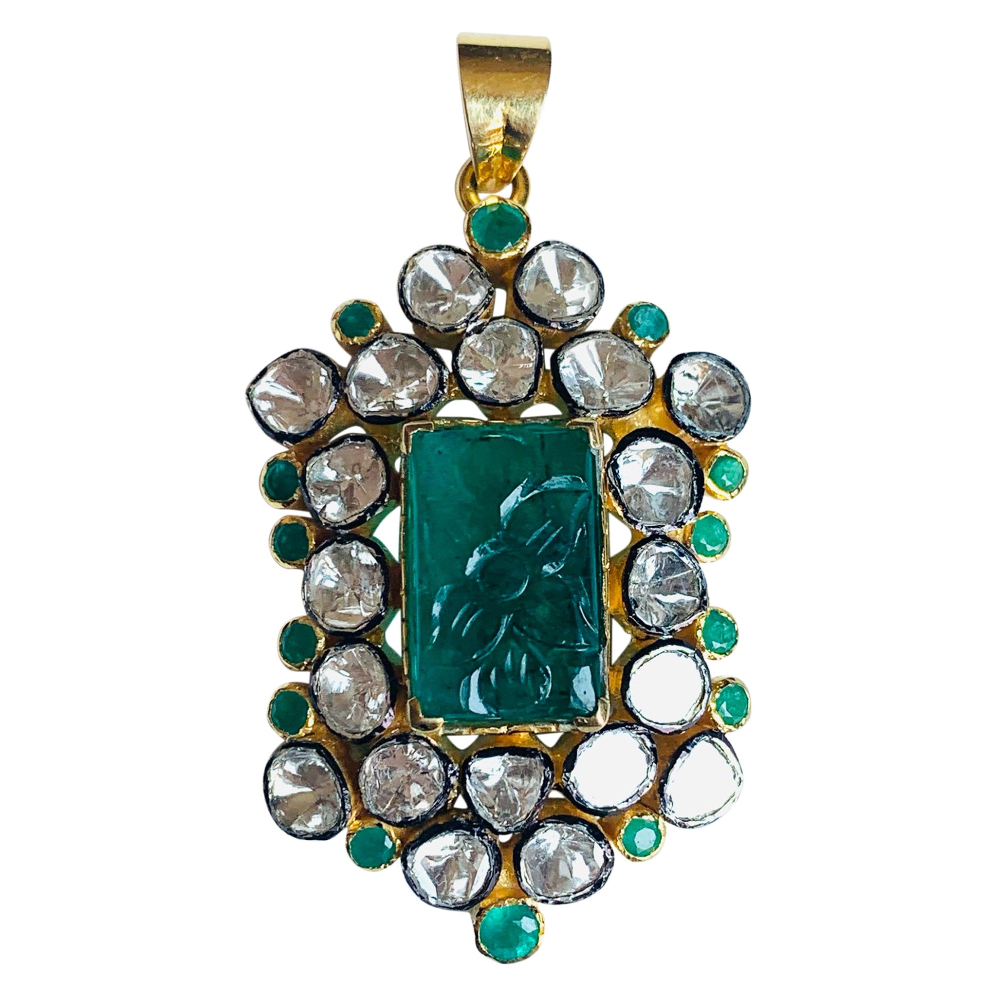 9.12 Carat Carved Emerald Rose Cut Diamond Pendant Necklace