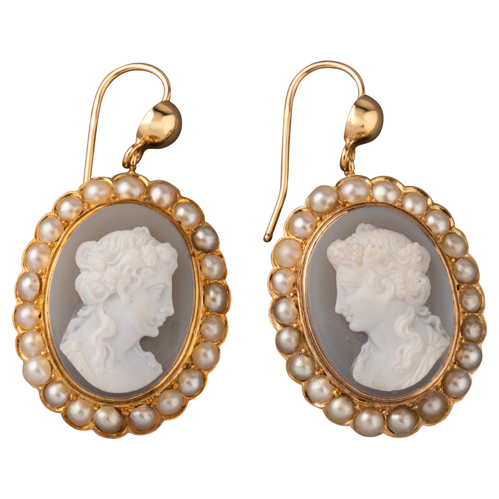 Antique Gold Pearls and Agate Cameo Earrings