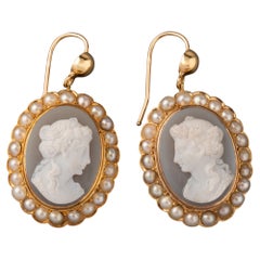 Antique Gold Pearls and Agate Cameo Earrings