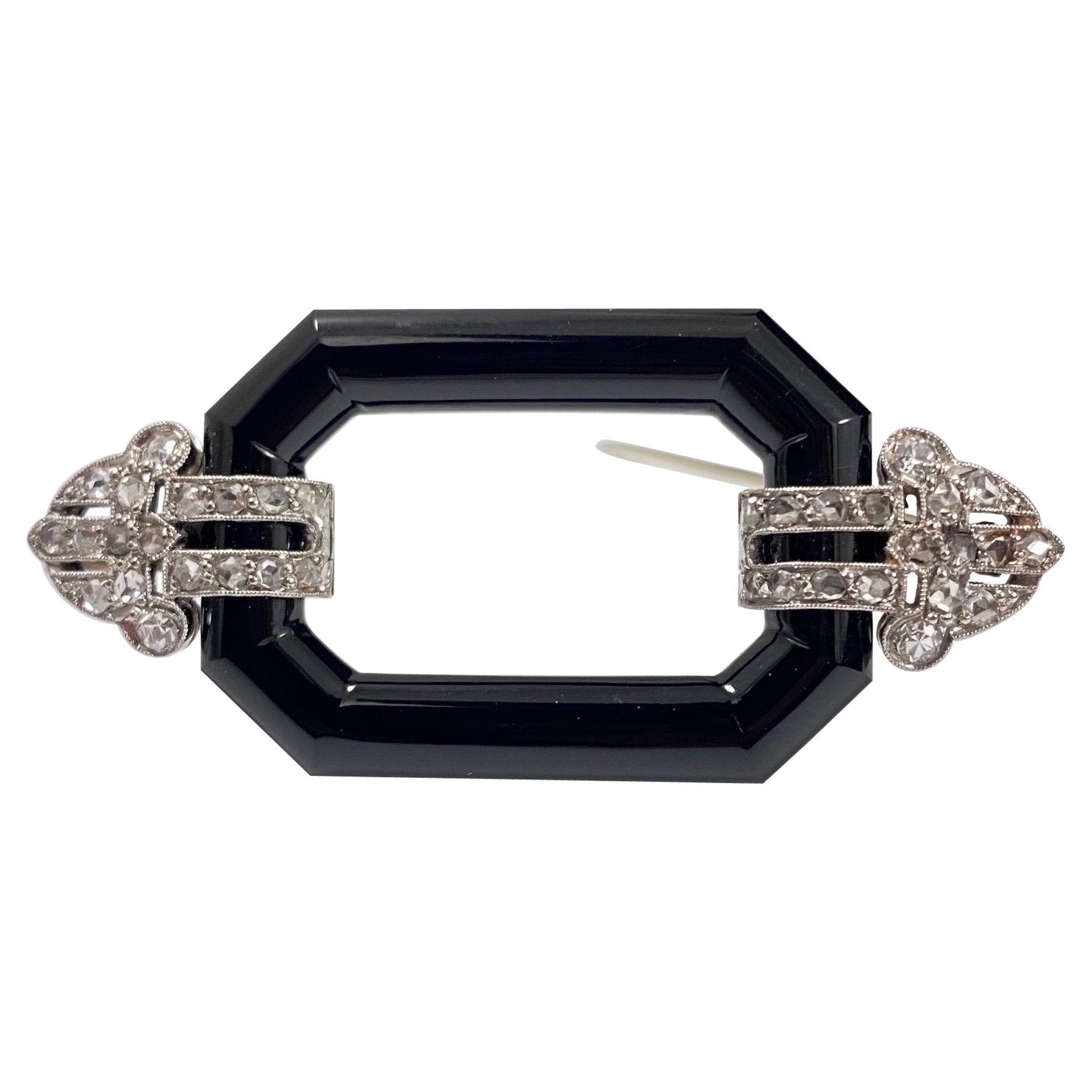 Art Deco Diamond Onyx Geometric Openwork Brooch Platinum 1920s/1930s French