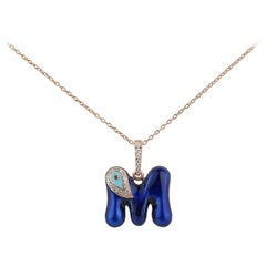 Diamond Evil Eye ID Charm Necklace, 14Karat Rose Gold with Blue Turquoise Enamel