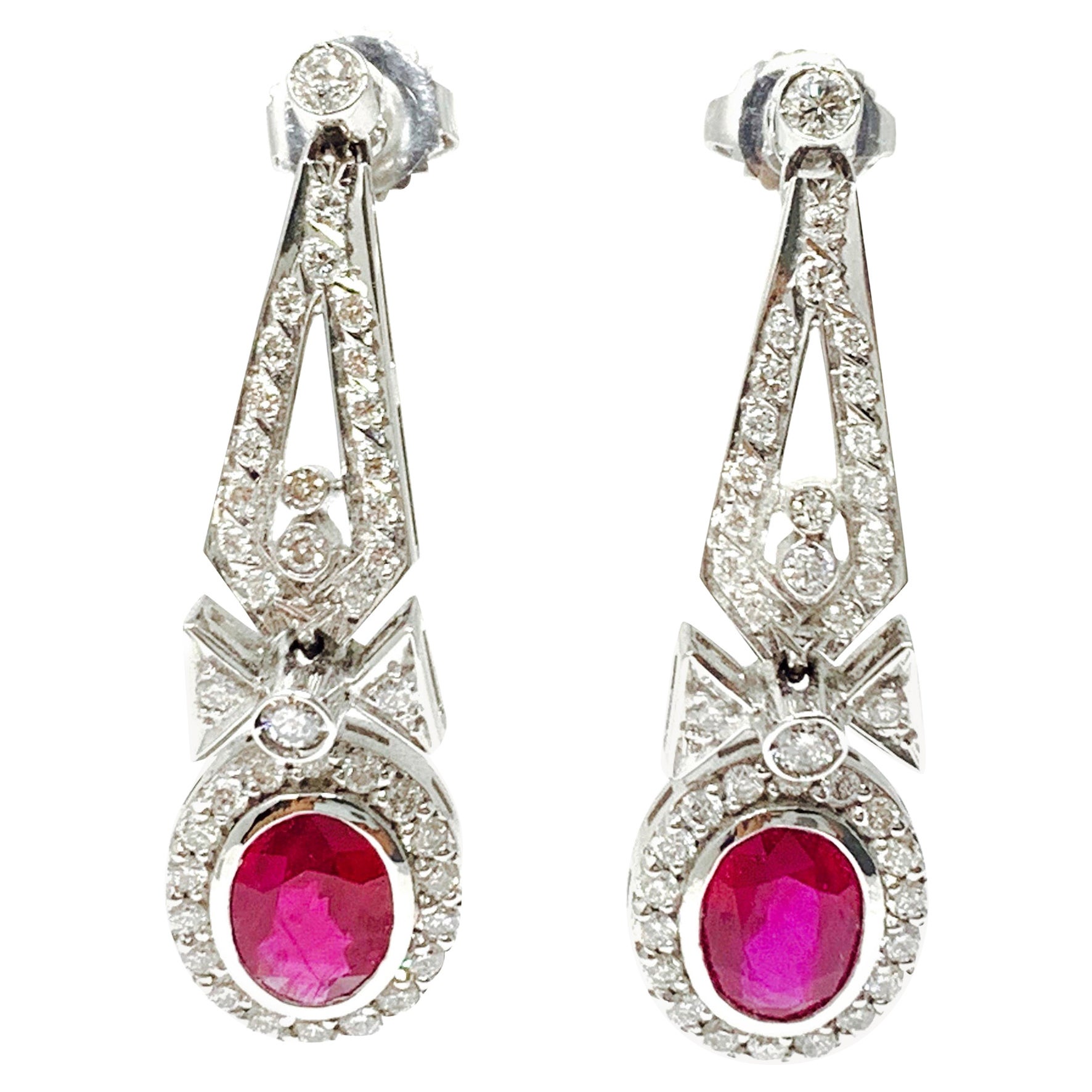 Ruby and Diamond Drop Earrings in 18 Karat White Gold For Sale