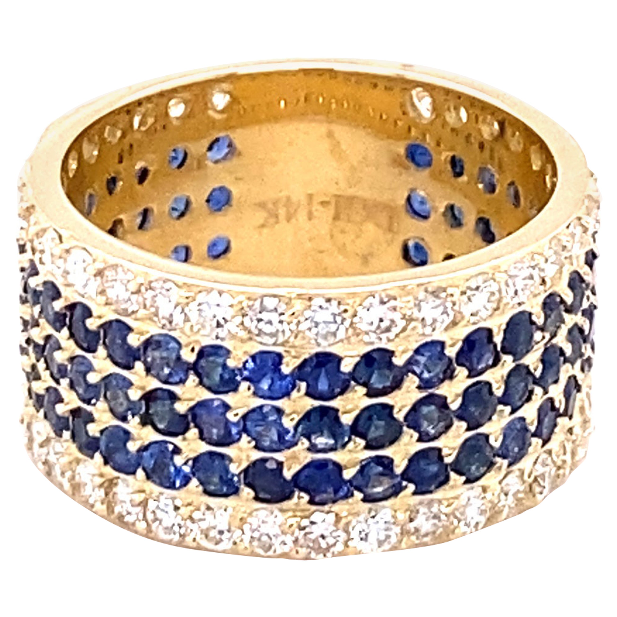 4.38 Carat Round Cut Blue Sapphire Diamond Band Yellow Gold For Sale