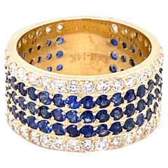 4.38 Carat Round Cut Blue Sapphire Diamond Band Yellow Gold