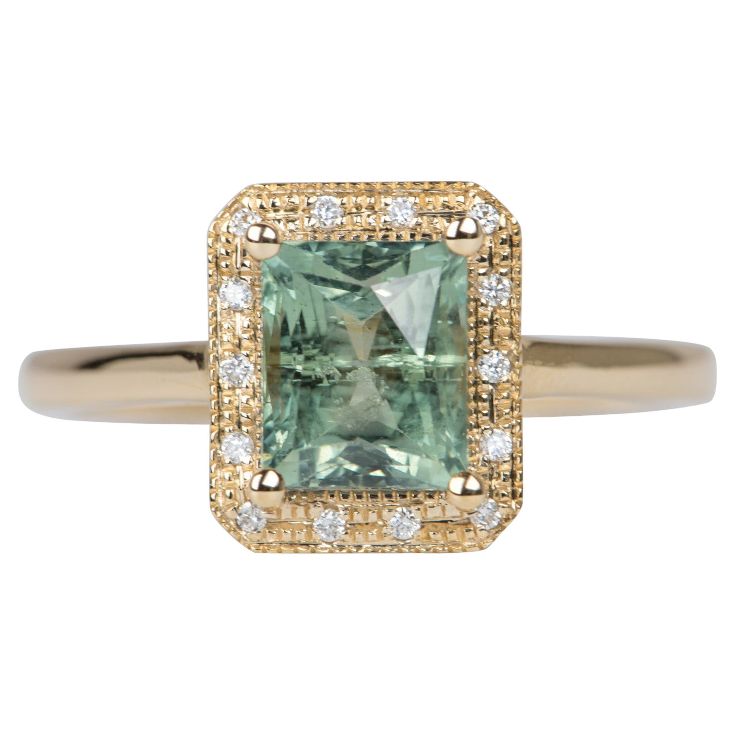 2.14ct Blueish Green Montana Sapphire Diamond Halo 14K Gold Engagement Ring