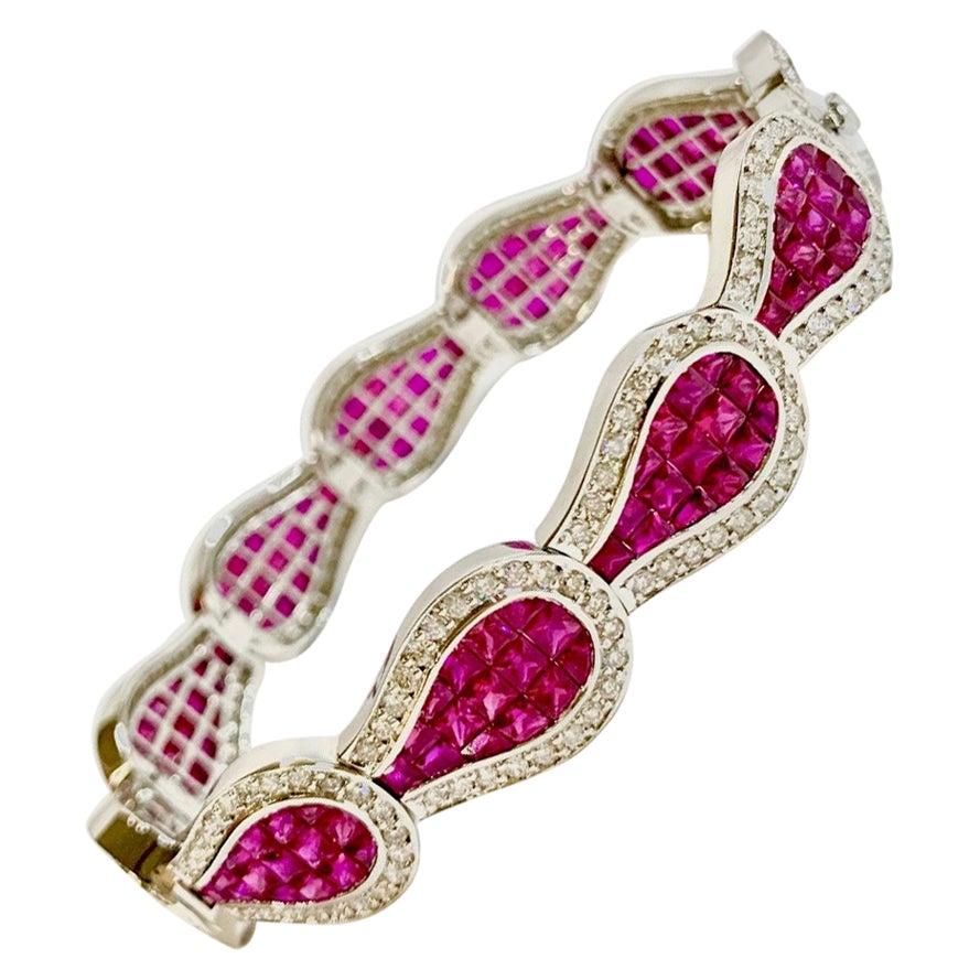 Natural 20 Carat Ruby and Diamond Bracelet Invisible Set For Sale