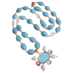 Bezel Set Turquoise & Faceted Rose de France Intaglio Necklace 