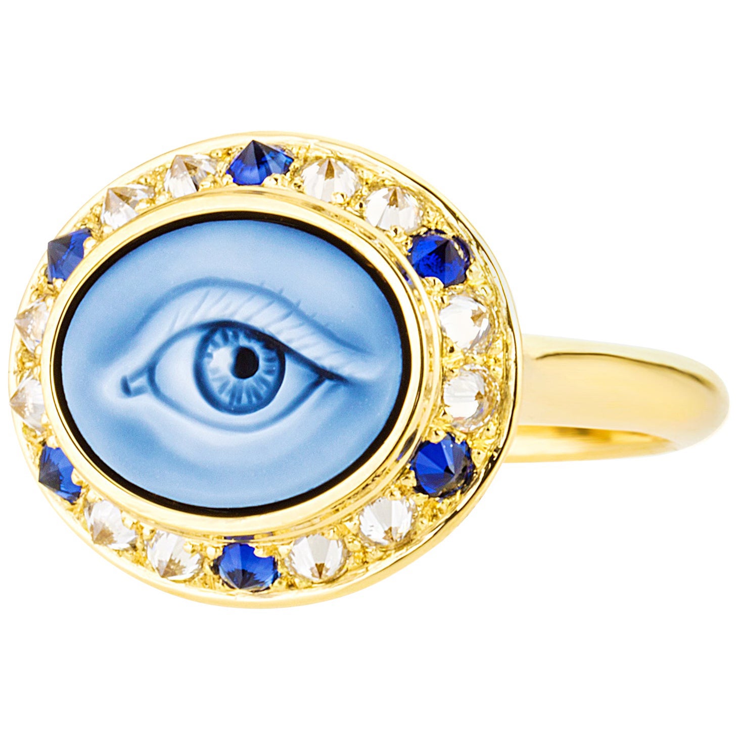 AnaKatarina Customizable Carved Agate Cameo, 18k Gold, Diamonds 'Eye Love' Ring For Sale