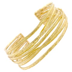 Gold Bangle Bracelet, 18k Yellow Gold Layered Cuff w Texture