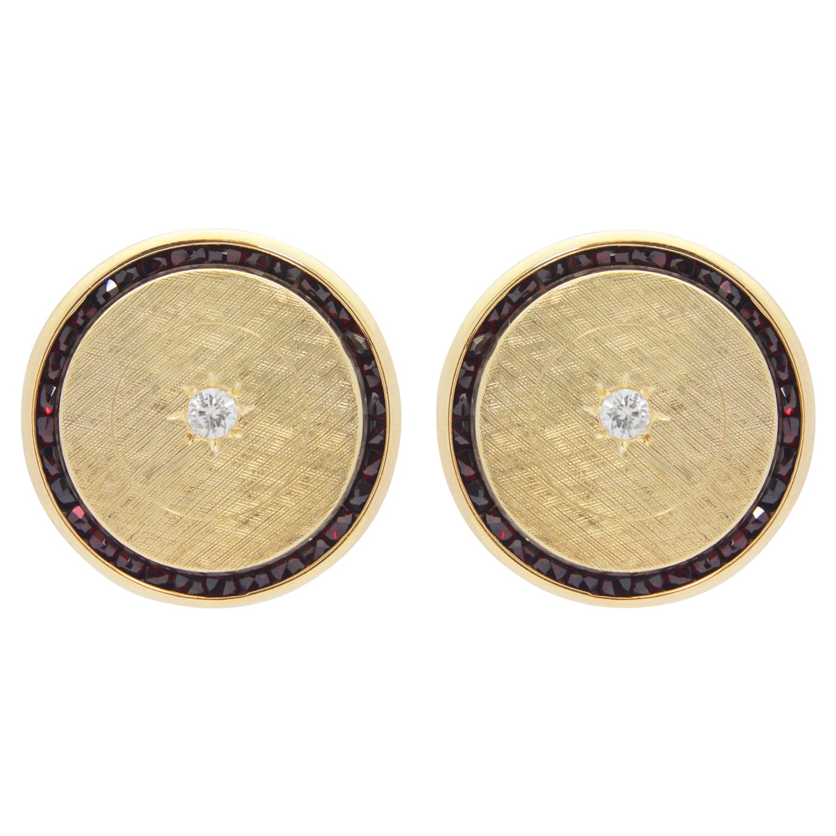 14 Karat Gold, Diamond & Garnet Button Earrings