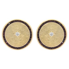 14 Karat Gold, Diamond & Garnet Button Earrings