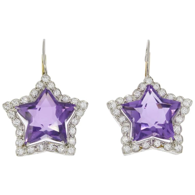Amethyst Diamond Platinum Star Shaped Earrings For Sale at 1stdibs
