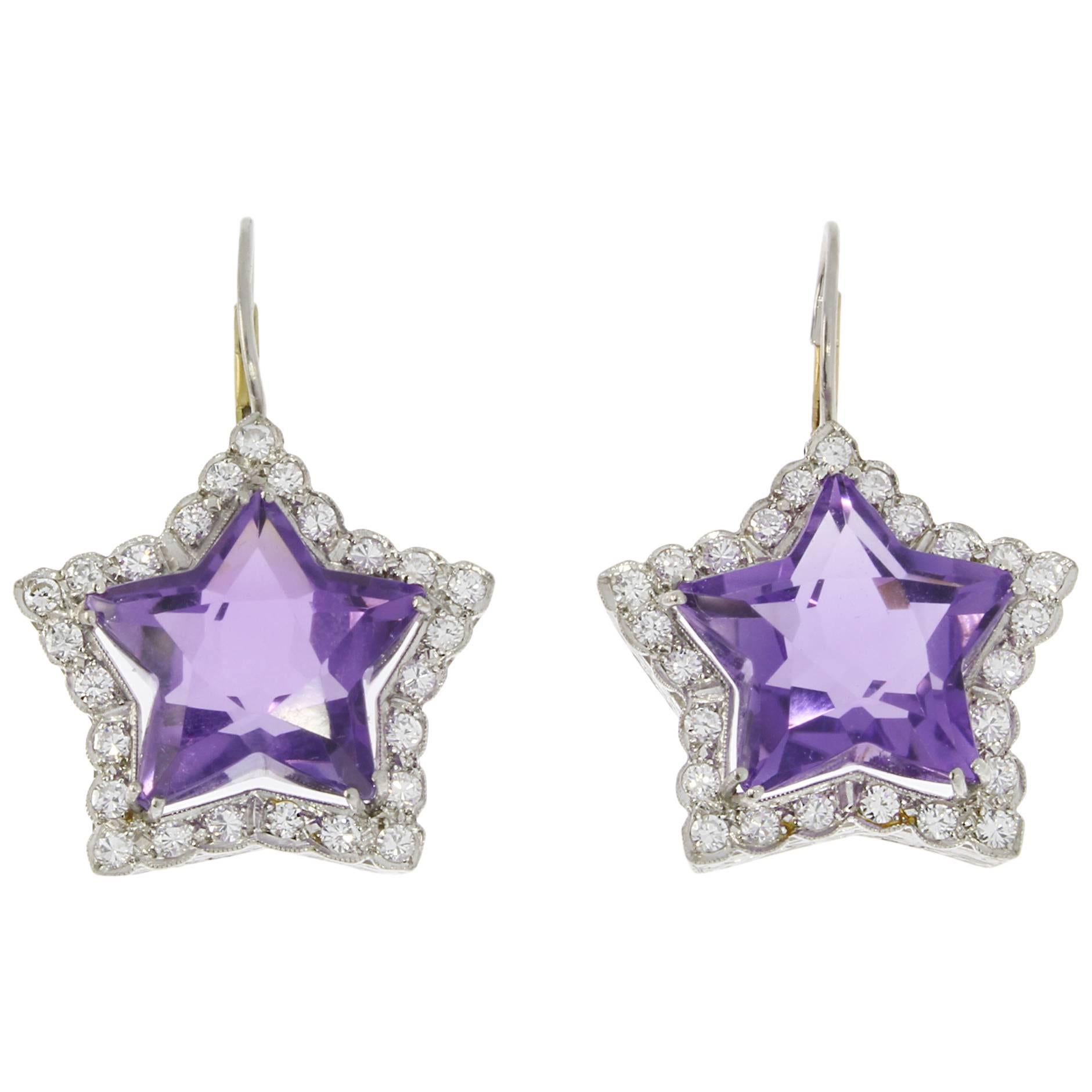 Amethyst Diamond Platinum Star Shaped Earrings For Sale