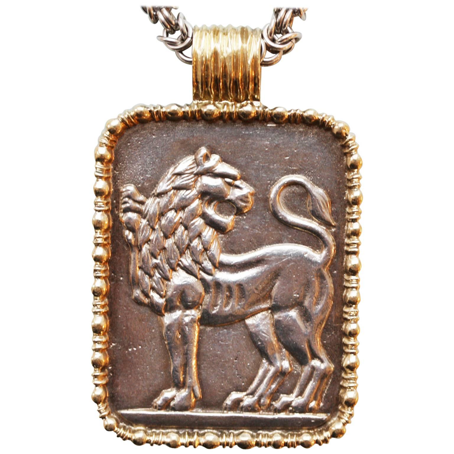1970s Fred of Paris Silver and Silver Gilt Leo Zodiac Pendant and Chain