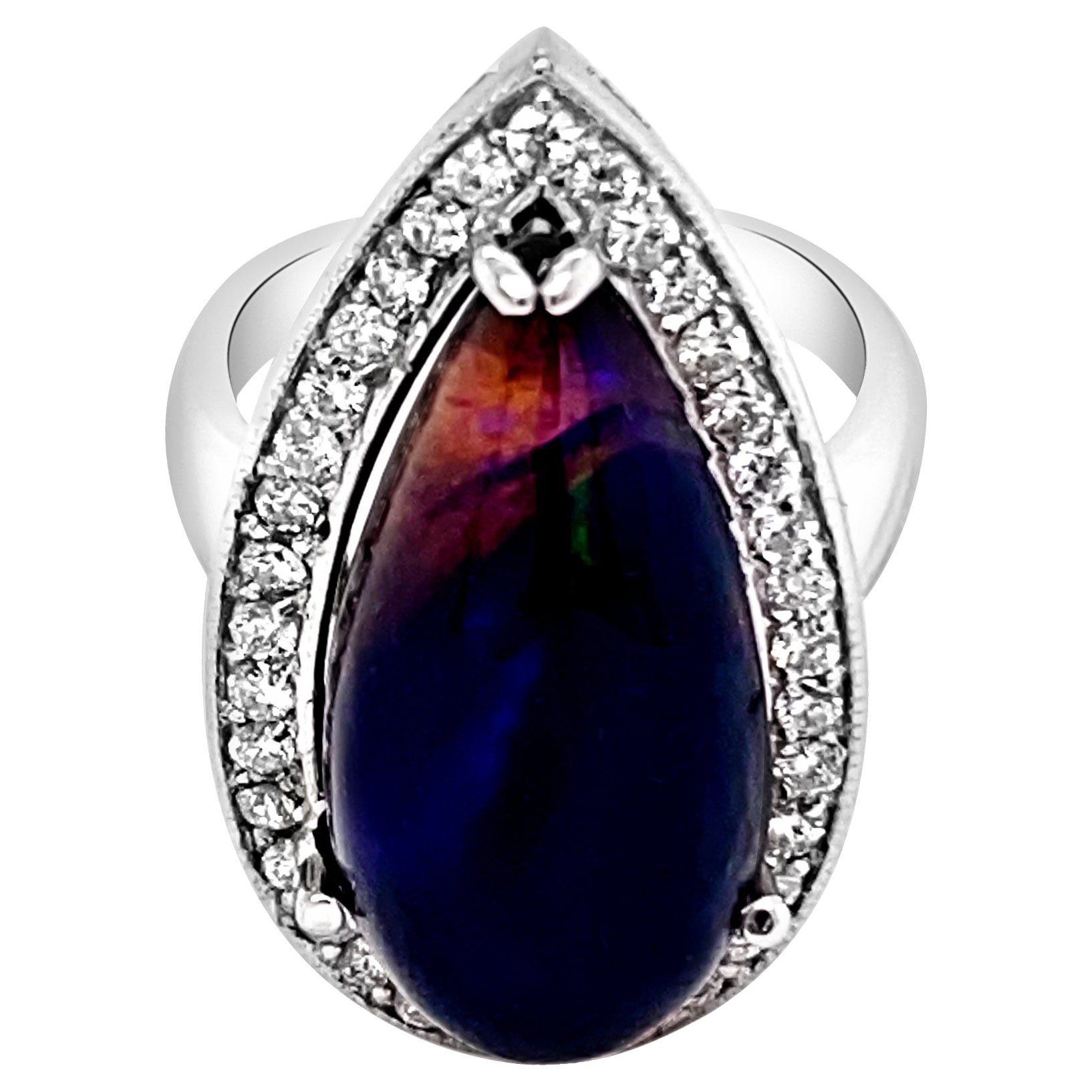 10.38ct Natural Black Fire Opal 14K White Gold Ring For Sale at 1stDibs