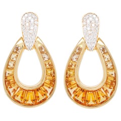 18 Karat Gold Calibre Cut Citrine Baguette Diamond Dangle Doorknocker Earrings