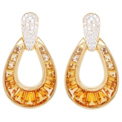 18 Karat Gold Calibre Cut Citrine Baguette Diamond Dangle Doorknocker Earrings