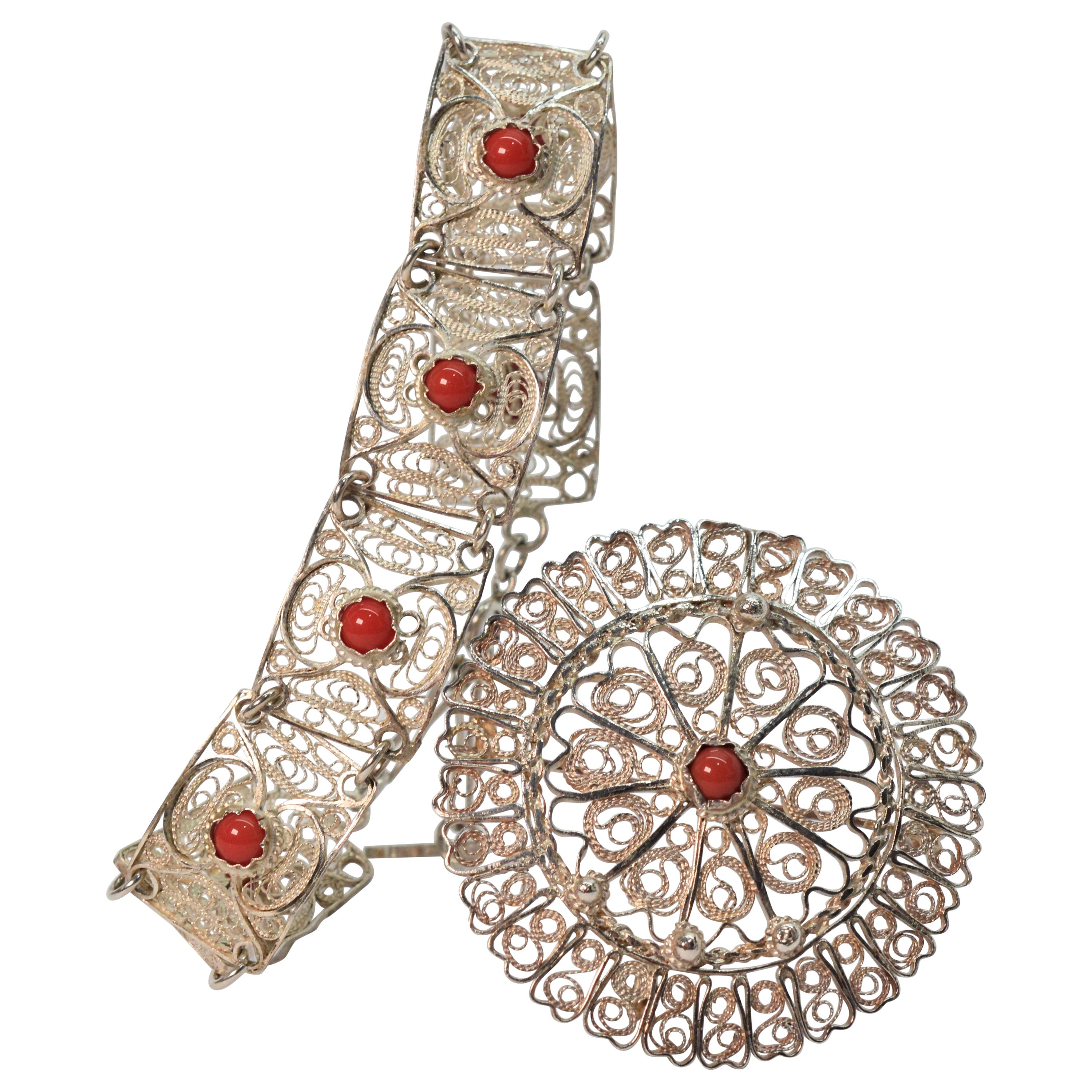 Artisan Sterling Silver Filigree Carnelian Bracelet w Pendant Brooch For Sale