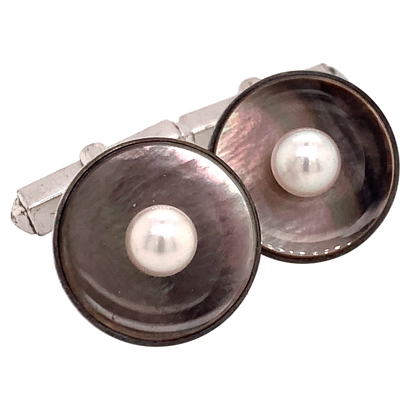 Mikimoto Estate Akoya Pearl Abalone Cufflinks Sterling Silver For Sale